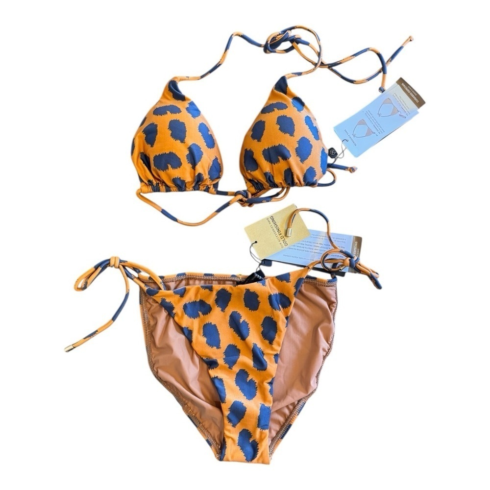 Vix Triangle Top and Side Tie Full Bottom Bikini - Orange/ Navy Cheetah NWT